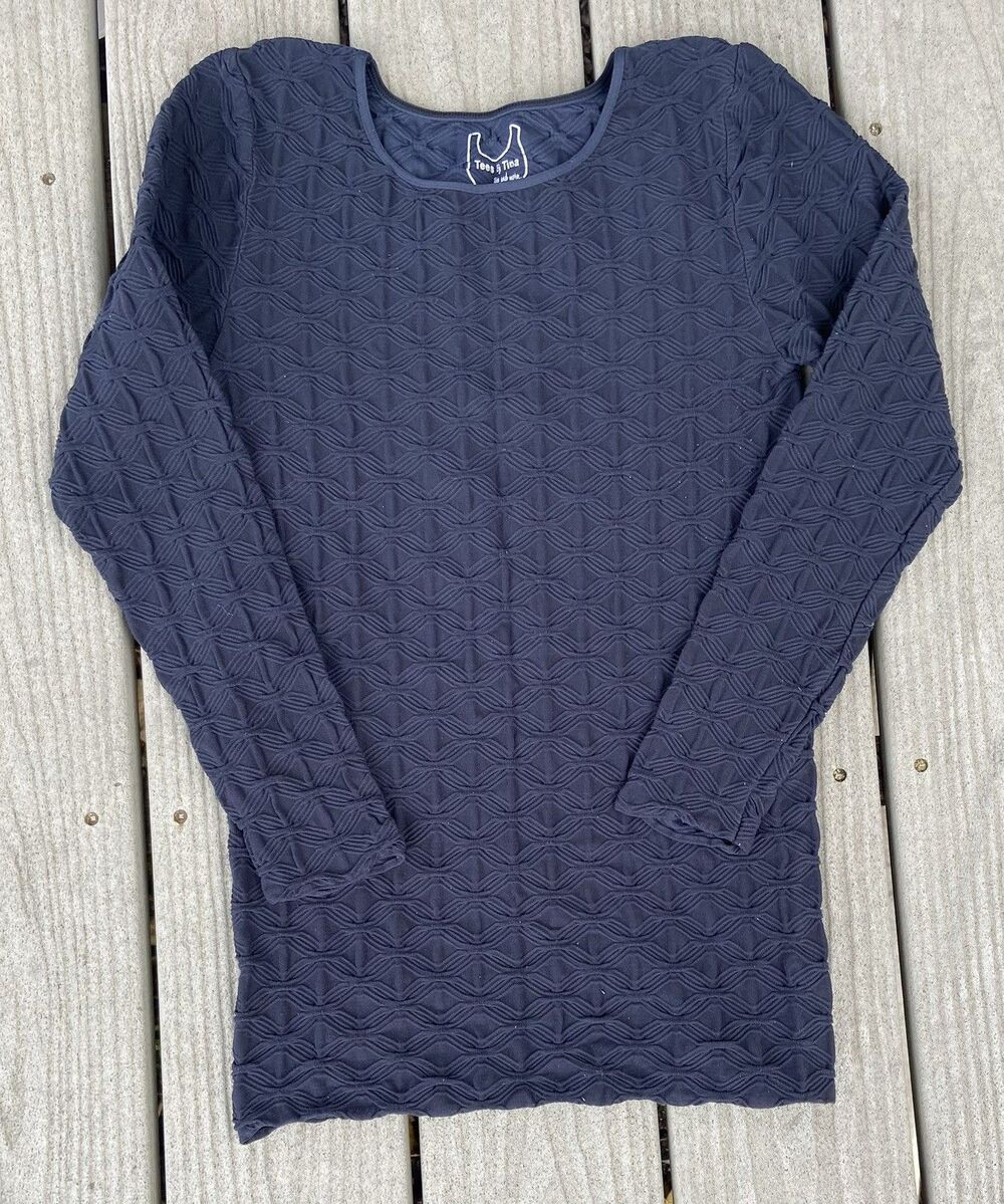 Tees by Tina Navy Blue Textured Shirt One Size Long Sleeve Stretchy Layer T